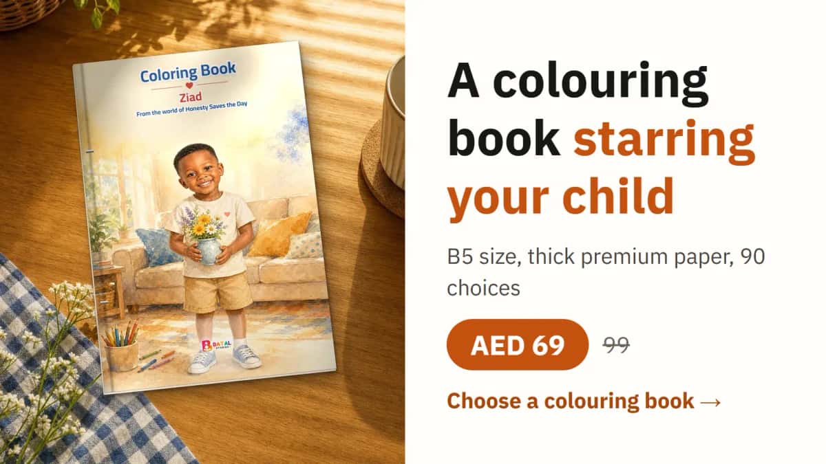 A colouring book starring your child. B5 size, thick premium paper, 90 choices. AED 69 instead of 99. Choose a colouring book